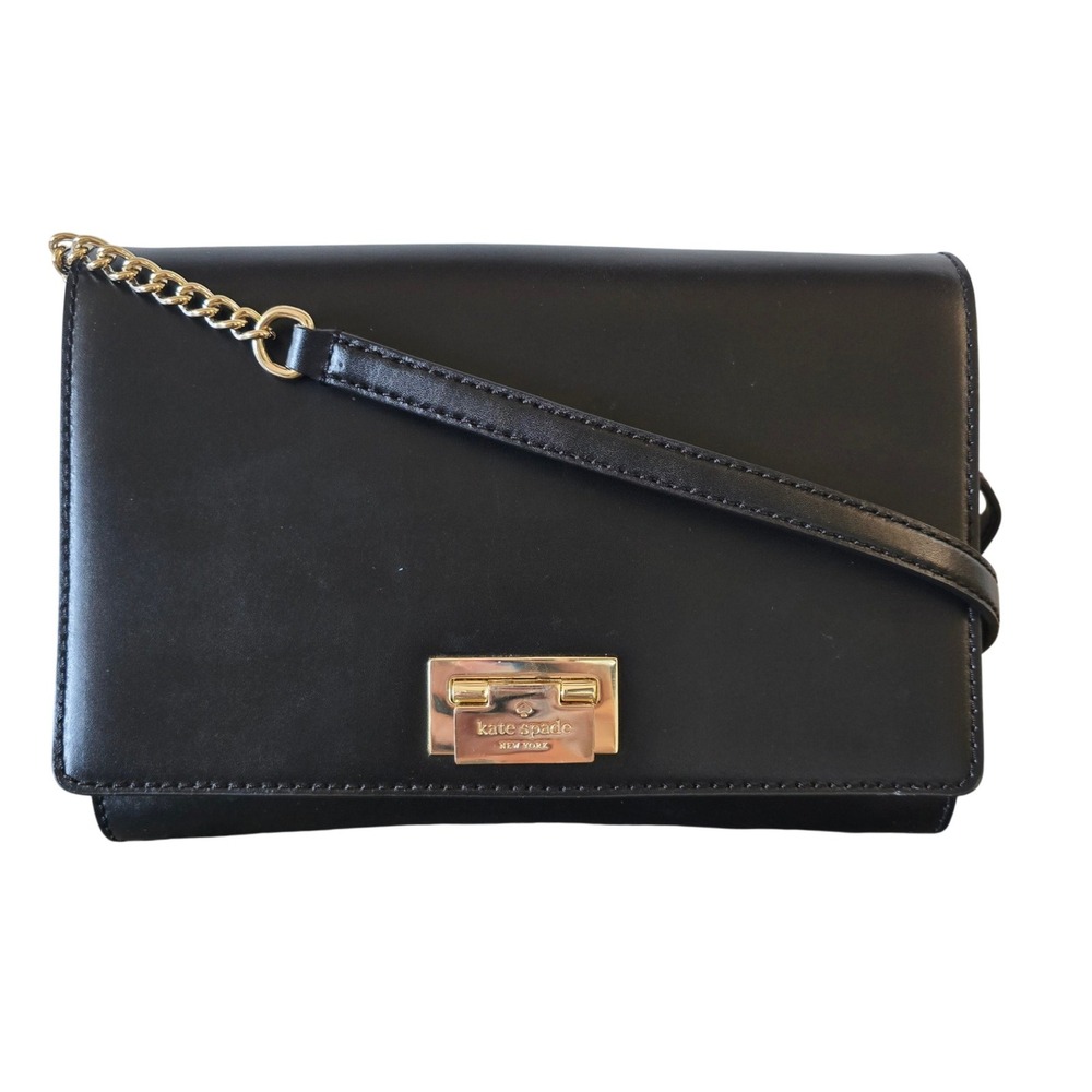Kate Spade New York Black Leather Crossbody Bag Gold Chain‎ Strap Flip Lock